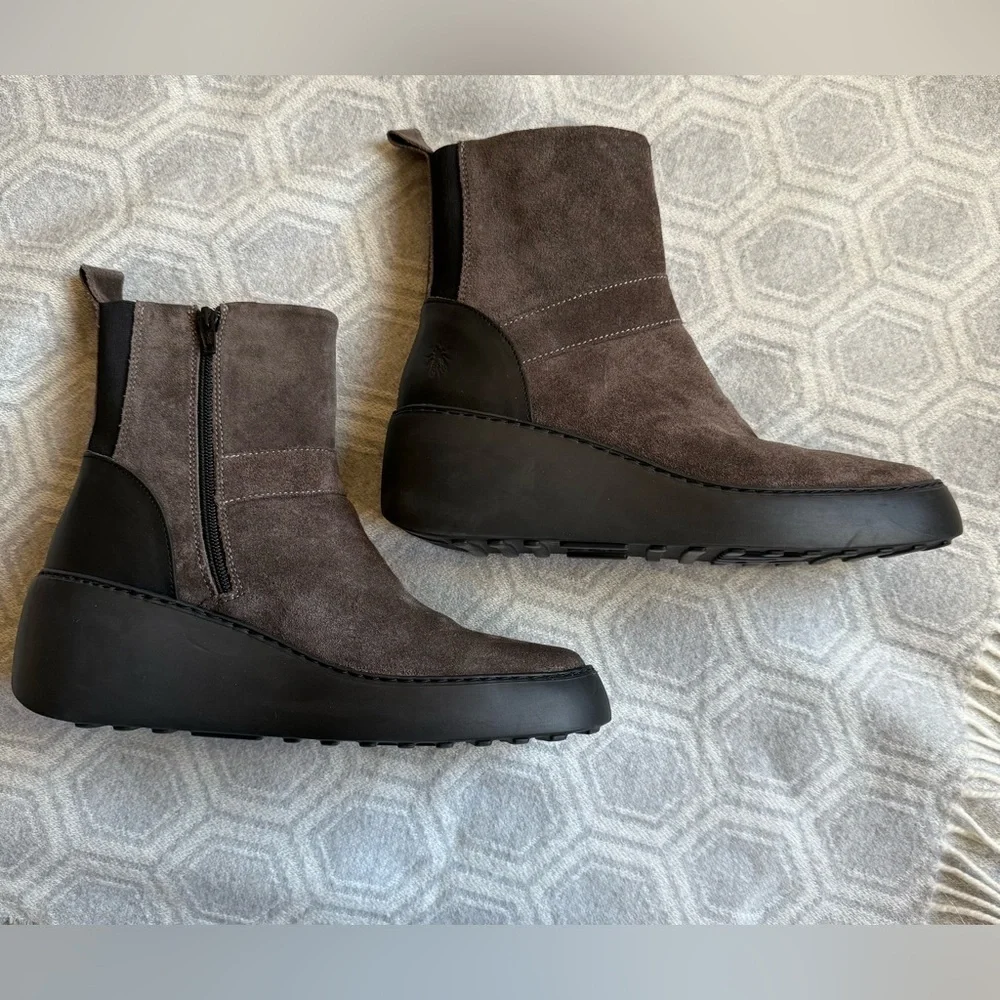 Fly London Doxe Anthracite | Black Suede Wedge Ankle Boots | Size 10 US 41 EU